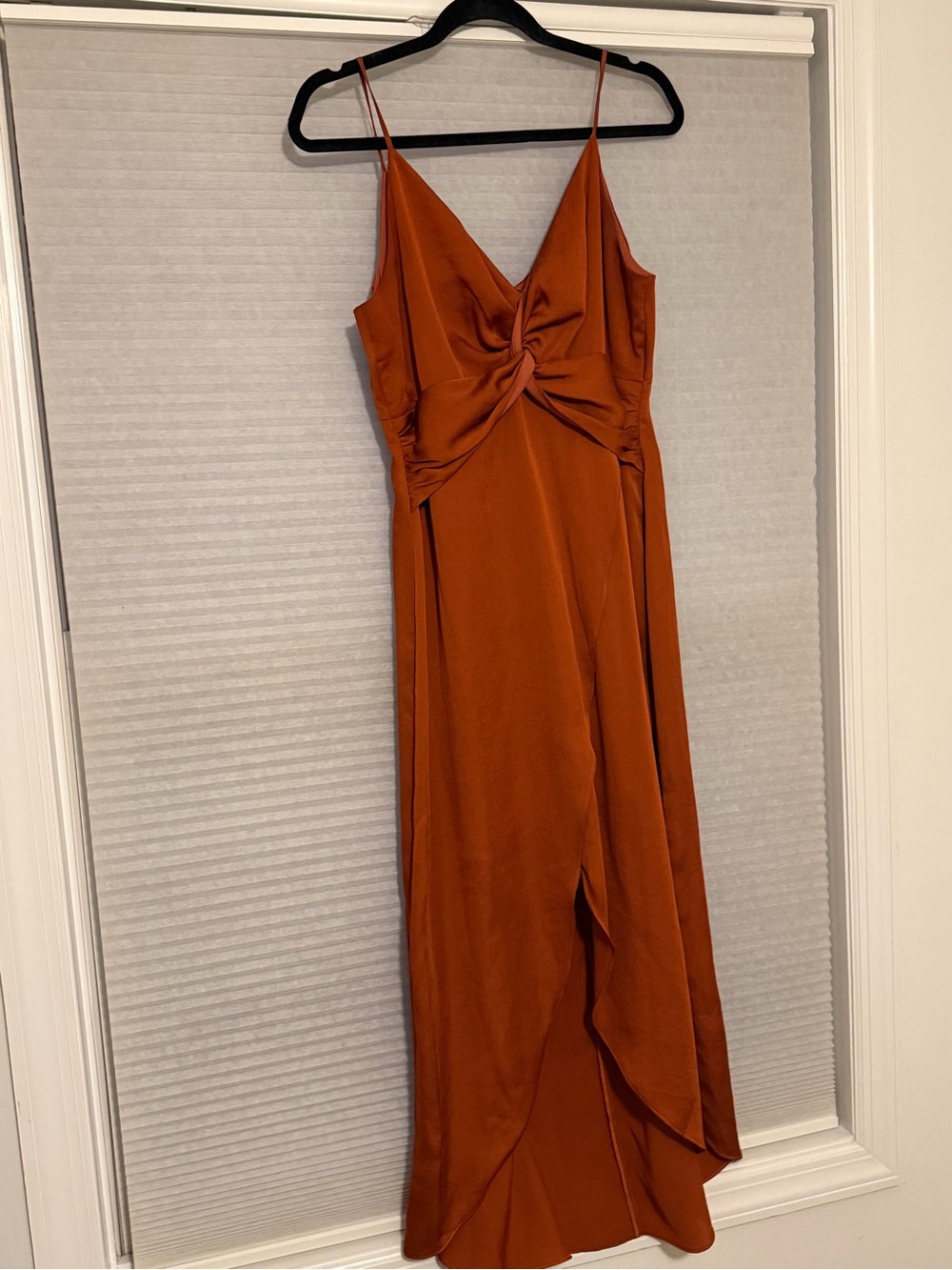 Bar III Rust-Orange Satin Twist-Front Maxi Dress